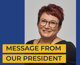 A photo of Tracey Sauer. Text says, "Message from our President".