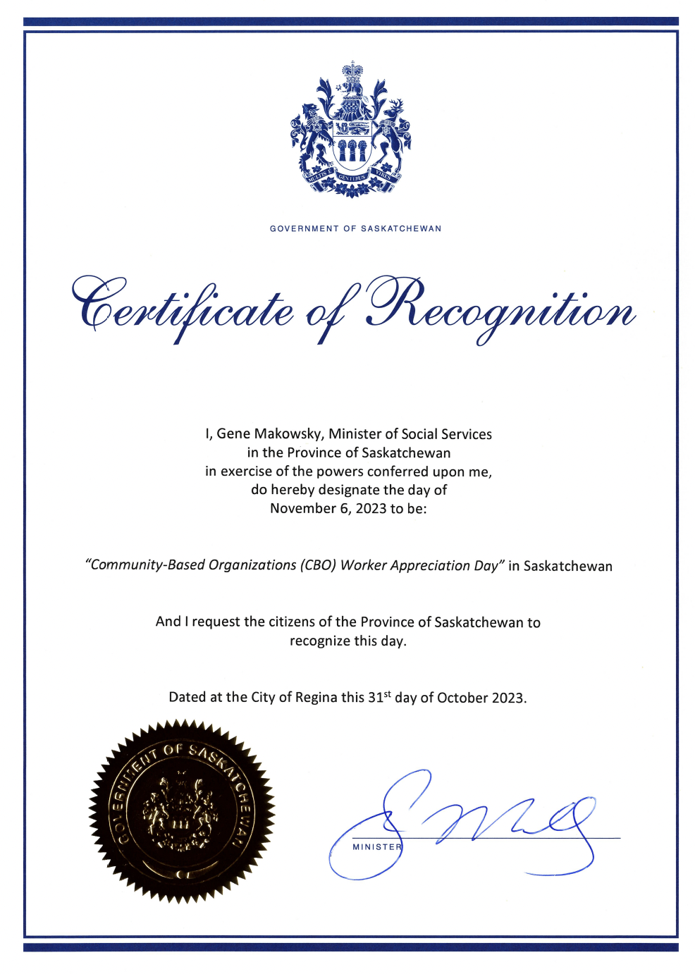 Certificate of Recognition for workers in community-based organizations