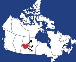 A map of Canada. A heart is in Saskatchewan with arrows pointing to Manitoba.