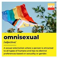 Omnisexual (adjective). A sexual orientation where a person is attracted to all types of humans and has no distinct preferences based on sexuality or gender. (p. 228)