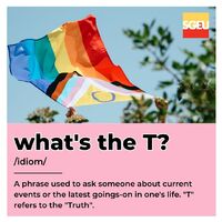 What's the T? (idiom). A phrase used to ask someone about current events or the latest goings-on in one's life. "T" refers to the "Truth". (p. 318)