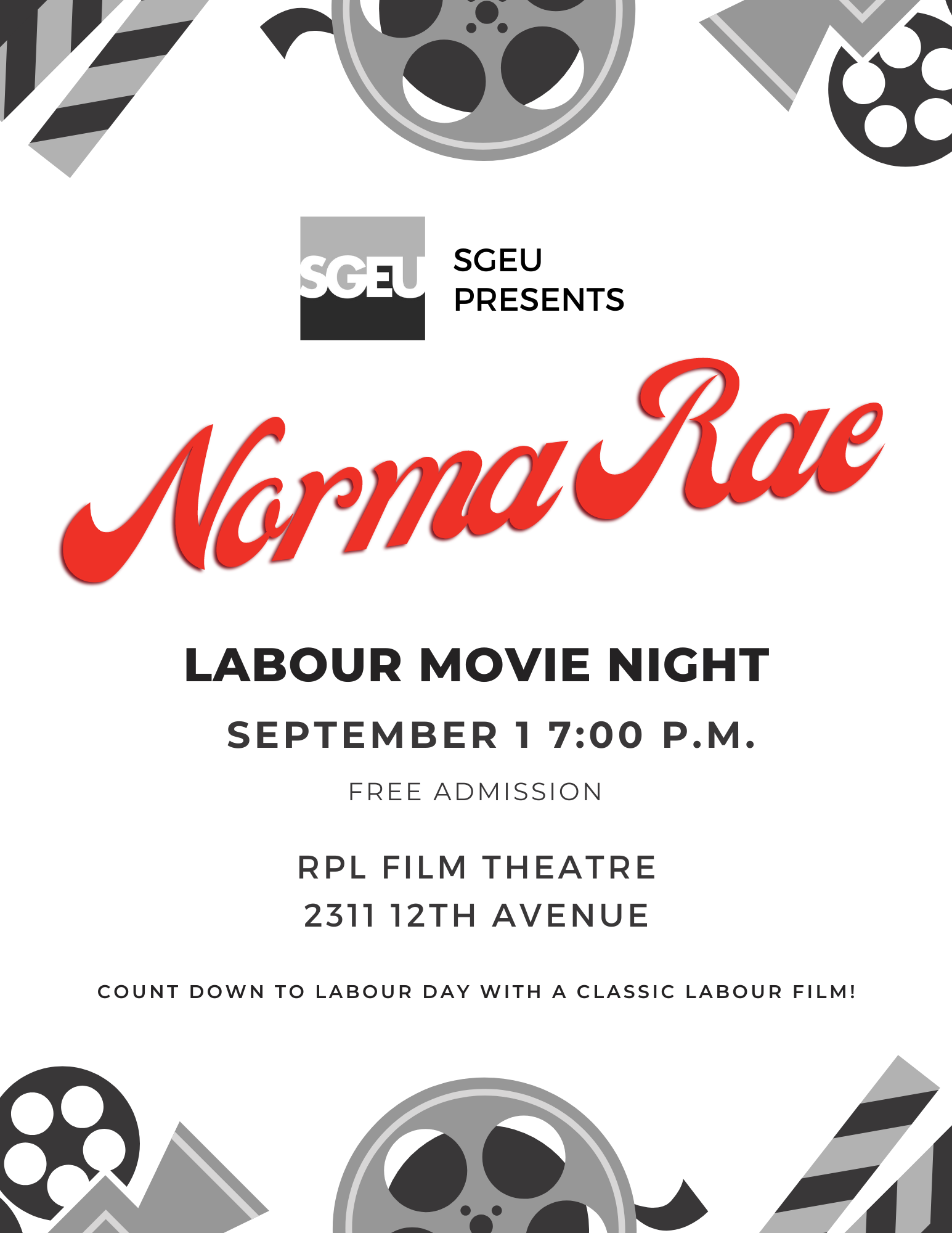 Poster advertising the Norma Rae viewing on August 25 at 7 PM at the RPL Film Theatre.