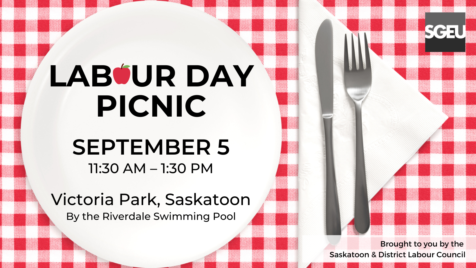 A place setting is on a red and white checkered tablecloth. The text has info about the Labour Day picnic.