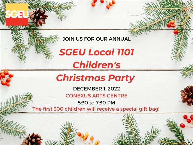 A holiday-themed graphic that has information about the date and location of the Local 1101 Children's Christmas Party.