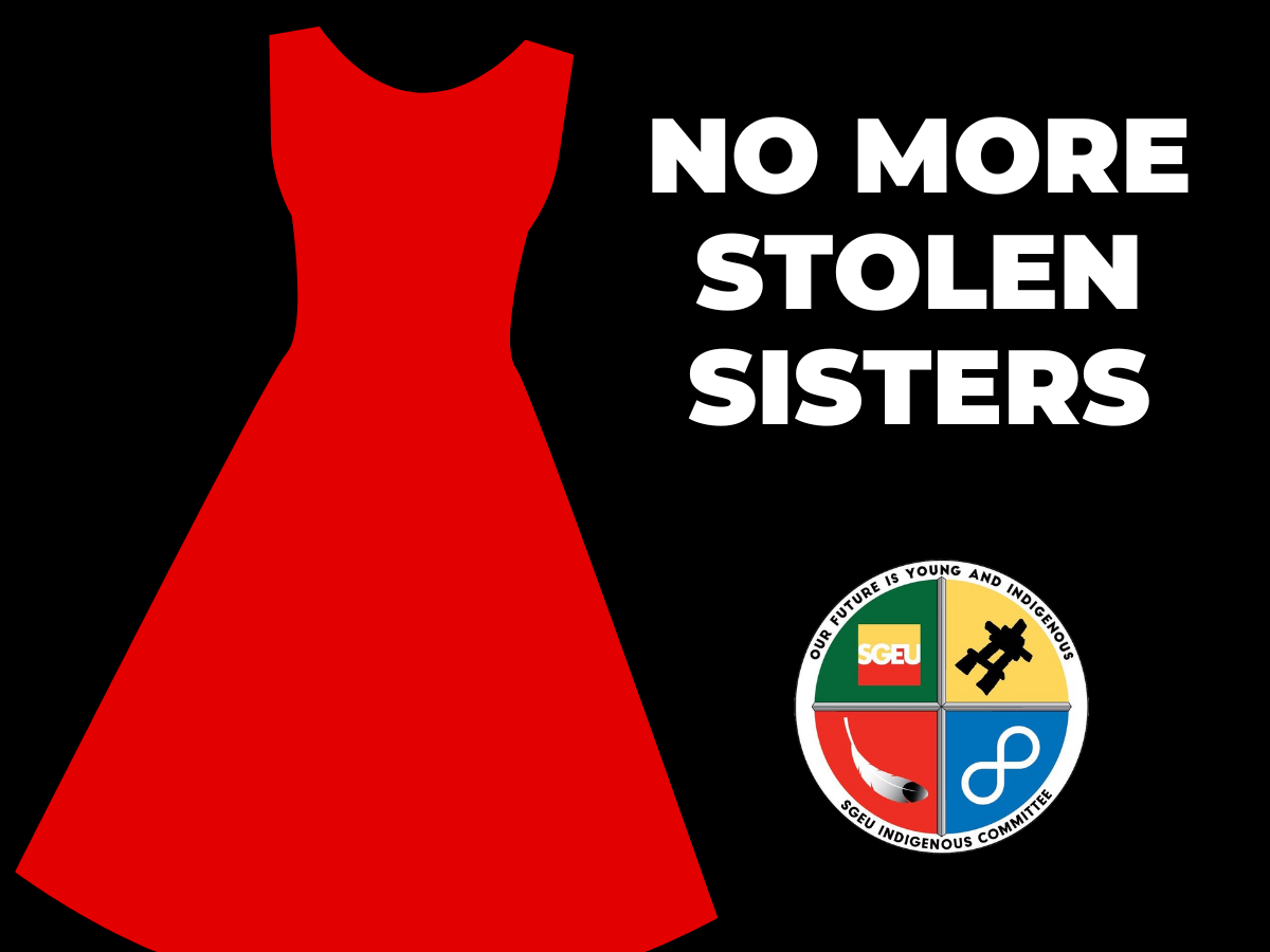 A red dress on a black background. Text says 'No more stolen sisters'.
